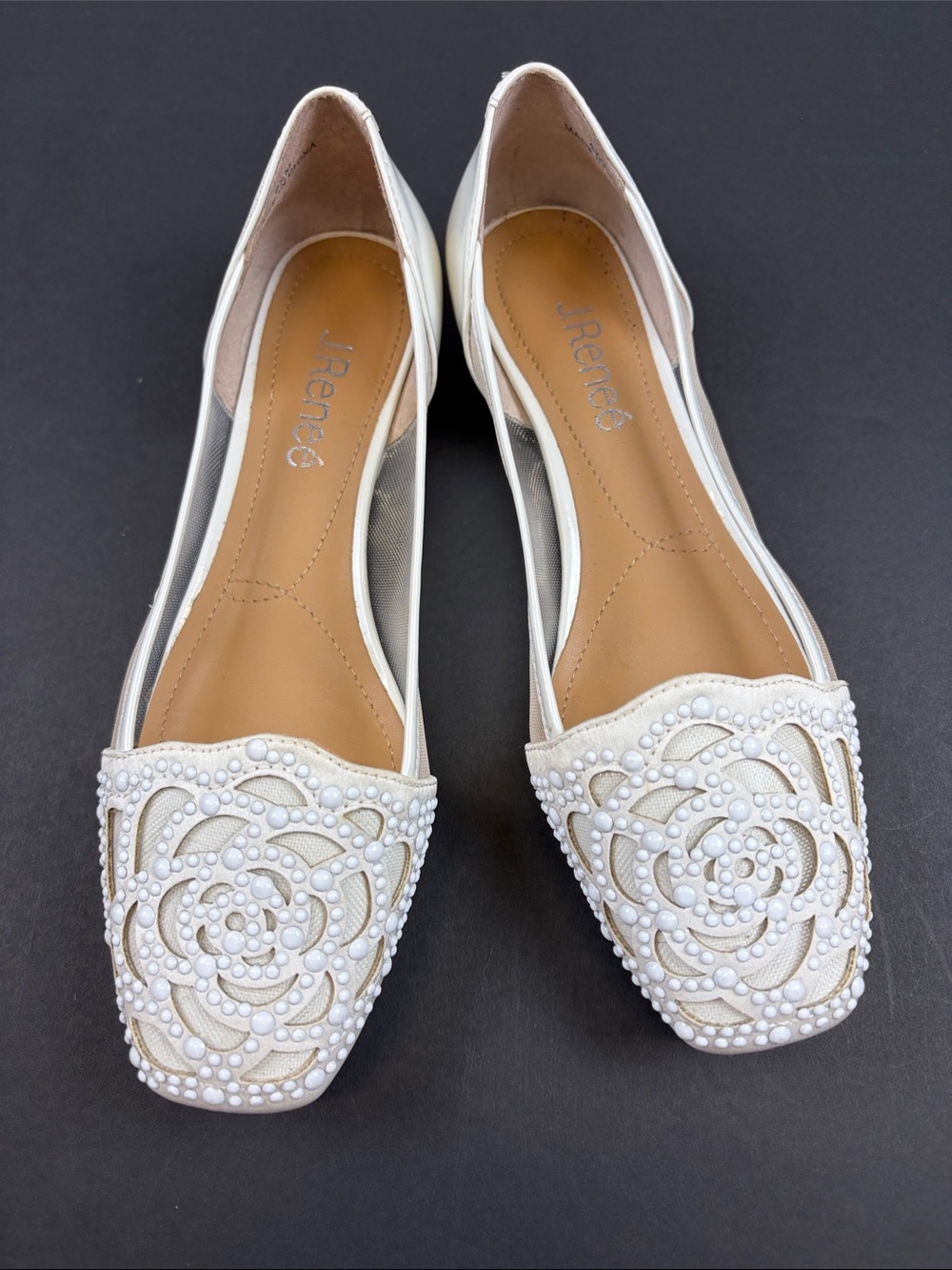 J.RENEE IVORY PEARL FLORAL MESH FLATS BRIDAL WEDDING DRESS SHOES SIZE 6.5